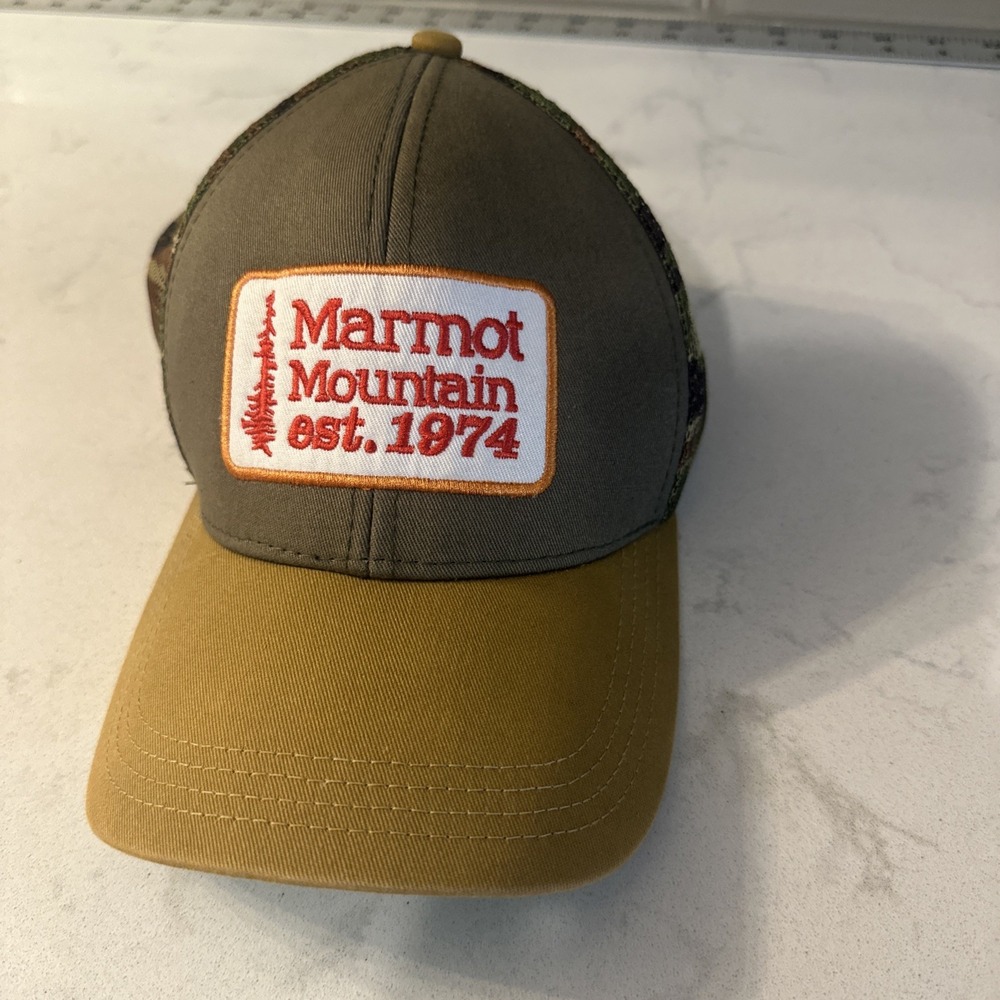 Marmot Mountain Trucker Hat Brown Green camouflage mesh back Patch 1 Sz RARE